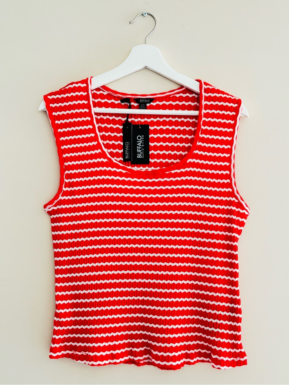 NWT Buffalo David Bitton Red/White Striped Ribbed Tank Top Large Cotton-Blend